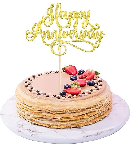 Xsstarmi 1 Packung Happy Anniversary Cake Topper Gold Glitter Hochzeitstag Kuchen Pick Dekorationen für Hochzeitstag Geburtstag Party Kuchen Dekoration 、