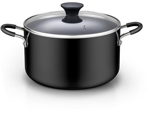 Cook N Home Antihaft-Suppentopf mit Deckel, 6 l, professioneller tiefer Kochtopf, Kochgeschirr, Kasserolle mit Glasdeckel, Schwarz