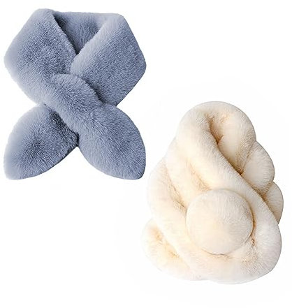 Rayson Damen Halstuch Mit Kunstpelz-Bommel - Weich Warm Flauschig Faux Fellkragen Schal für Winter Und Weihnachten - Loop Schals in Beige+Grau