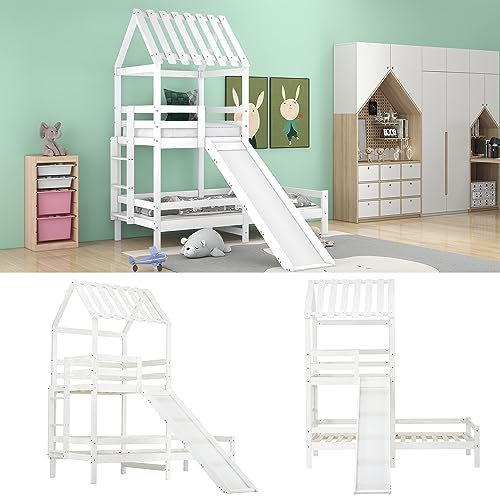 Rutschbett mit mit rechtwinkliger Leiter,Hausbett mit Dach, Kinderbett,Spielturmbett mit Fallschutz und Gitter,Rahmen aus massiver Kiefer,weiß (200x90cm & 100x90cm)