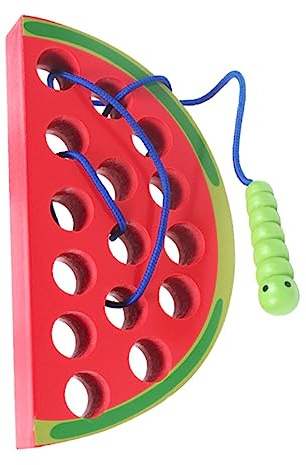 Wakects Fruchtfressender Wurm, Langlebiges Fädelspielzeug aus Holz für 1-2-Jährige (Wassermelone)
