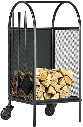 Outsunny Carrello legna con ruote, ceppi, ceppi per caminetto, con accessori, pala, scopa e attizzatoio, caminetto, interno-esterno, 37,5 x 37,5 x 80 cm nero