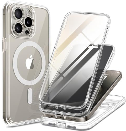 TIESZEN Coque magnétique compatible avec iPhone 15 Pro, protecteur d'écran en verre trempé intégré + 3 protections d'objectif d'appareil photo, compatible avec MagSafe, coque antichoc intégrale