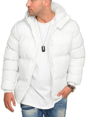 behype. Herren warme Winterjacke mit Kapuze Steppjacke Puffer-Jacke J14-Weiß-M