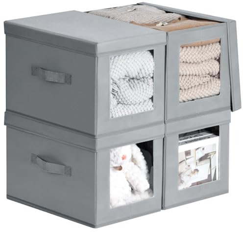 DIMJ 4 Pack Storage Boxes with Lid, Large Foldable Storage Bins with Transparent Window Fabric Storage Basket with Handle, Wardrobe Storage Organiser for Clothes, Toys, Books, Closet (Grey)