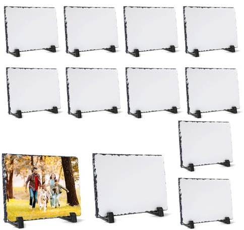 YOUKE OLA 12 Pack Sublimation Slate Blank Rock Stone Photo Rectangular Frame Heat Transfer Plaque Picture Frame with Display Holder for DIY Craft 5.9 x 7.9 Inch