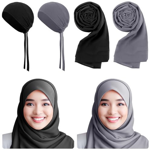 Bunnycool Damen-Chiffon-Schals, 2 Stück, Hijab-Kappen, langer Schal, weicher Wickelschal, muslimische Unterschal, Turban-Kappen, Schlafmützen, Schwarz, Dunkelgrau, Einheitsgröße