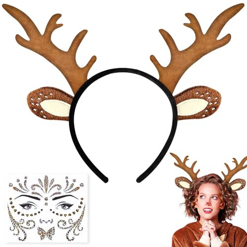 Tuofang Rentier Haarreifen, Rentier Haarreif mit Ohren, Haarreif Reh Geweih Hörner Rehohren + Reh Gesichtstattoo, Damen Kinder Reh kostüm Kopfschmuck Haarreifen Fasching Mottoparty Cosplay Halloween