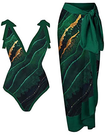 Damen Badeanzüge 2 Stück Badeanzug mit Strand Cover Up Monokini Wickelrock Sarong Retro Print Bikini Set V Ausschnitt Gepolstert Badeanzug Bikini Sommer Urlaub Beachwear, 02#Army Green, XL