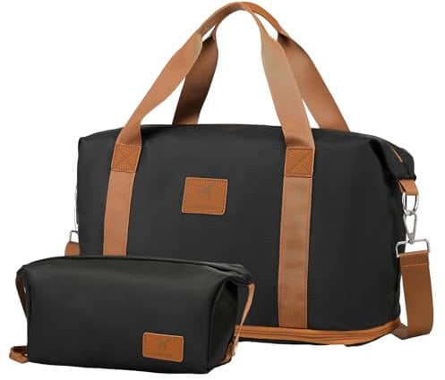 British Traveller Reisetasche Damen 40x30x22CM Sporttasche Damen Herren Wasserdicht Öffnungsdesign 1 Großer Kapazität Reisetaschen und 1 Kulturtasche für Reisen Gym Yoga Krankenhaus Strand Schwarz