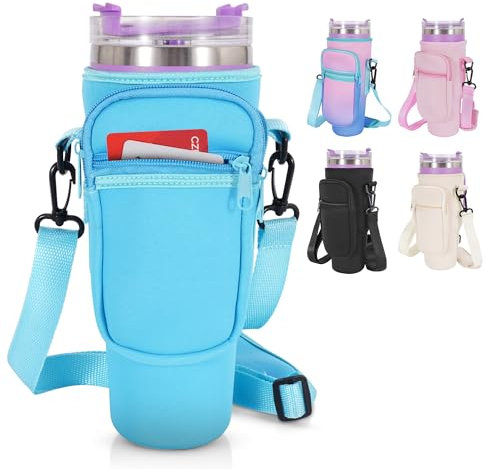 SOGIME Tumbler Holder with Strap for Stanley Cup 40oz,Machine Washable Cup Carrier Bag & Case with Phone Pocket Fit Most 40oz Tumbler with Handle,Blue