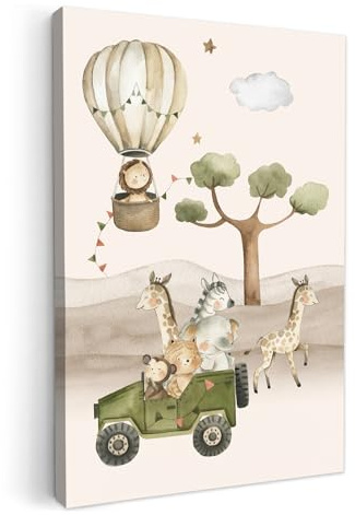 MuchoWow© Bilder Kinderzimmer Deko Modern Wandbild Kunstdruck auf Leinwand | 80x120 cm - Bild Schlafzimmer über Bett Room Decor Geschenke Wildtiere - Aquarell - Kinder - Safari - Heißluftballon
