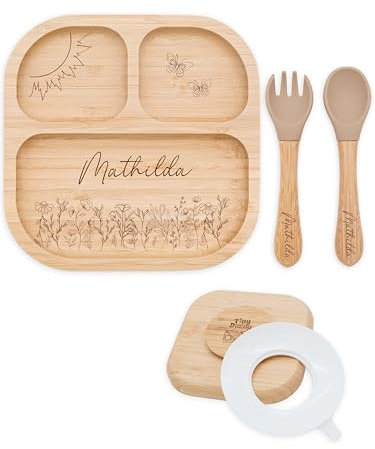 Bärenfreunde® - Personalisierter Teller Mit Saugnapf - Praktisches Beikost Zubehör Mit Namen - Baby Teller Rutschfest - Personalisierte Geschenke (Blumenwiese)
