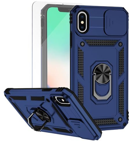 Teayoha for iPhone Xs Max Phone Case, with Screen Protectors and Camera Cover, Military Grade Shockproof Cover with Magnetic Rotatable Ring Kickstand Protective Case for iPhone Xs Max,Blue