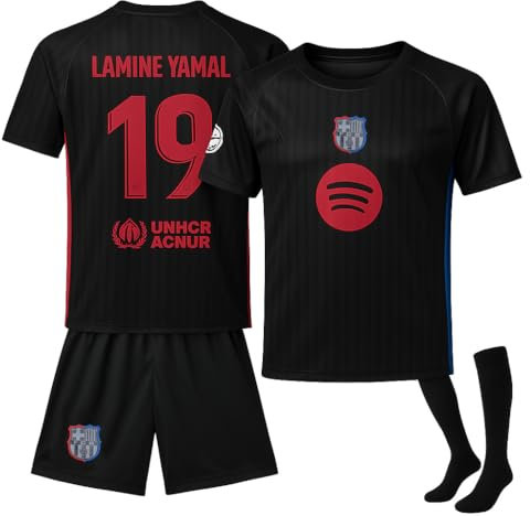 IHIMI Maillot de football pour enfant, Lamine Yamal Barcelona #19, Noir, 2024, Short de football inclus, Manche courte, Ajustée, Unisex-Enfants, Polyester, Séchage rapide, Sport, FC Barcelone, 6-7 ans