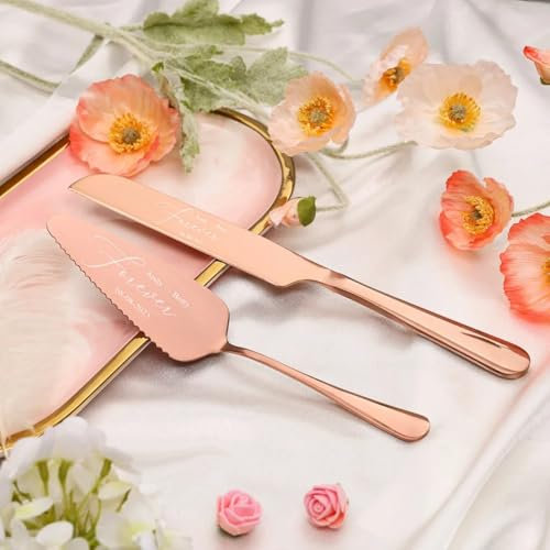 Juego de cuchillos grabados personalizados para tartas, cuchillo y pala para tartas, regalo de cumpleaños, decoración de boda, fiesta, aniversario, compromiso, herramienta para hornear (oro rosa)