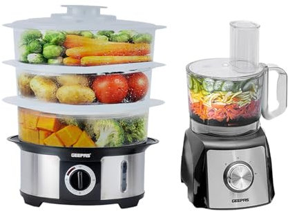 Geepas 3-Tier Food Steamer & 1200W Compact Food Processor Combo Set | 12L Electric Vegetable Steamer, 75 Minutes Timer & 1000W Power | Electric Food Mixer, 2 Speed with Pulse, 1.5L Mixing Bowl