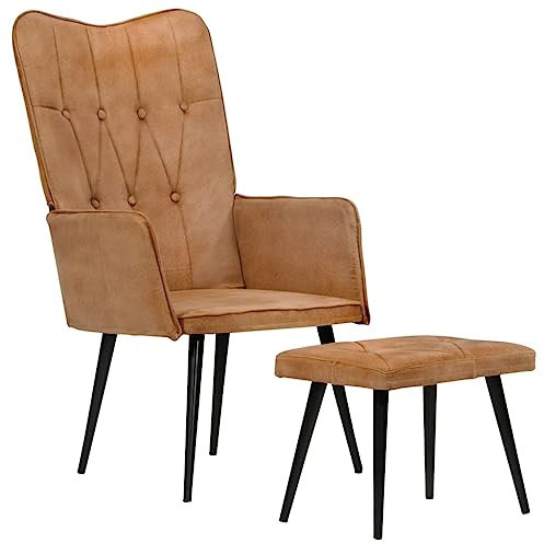 Myheimly Sessel mit Hocker, Stuhl für Wohnzimmer Schlafzimmer Lounge, Polsterstuhl zum Lesen Fernsehen Entspannen, Relaxstuhl TV Sessel, Echtleder Canvas Sessel Braun,Segeltuch
