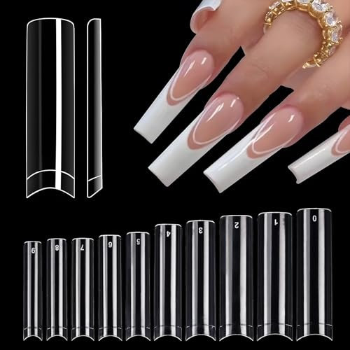 500 Pcs XXL Extra Long Nail Tips, No C Curve Clear False Nails,10 Sizes Square Nail Tips Transparent Fake Nails with Box,Half Cover Press Extension Professional Set for Girls Women Salons DIY Nail Art