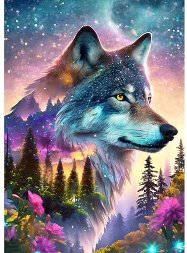 DPHERO DIY Timber Wolf Diamant Painting Bilder für Erwachsene Anfänger,5D Wolf Diamond Painting Set,DIY Sternenhimmel Runde Steine Diamant Kunst Kits, Diamant Art für Zuhause Dekor 30x40cm