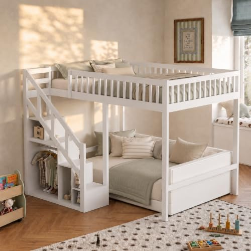 Hochbett 90x200 cm, Etagenbett mit Treppe und Rausfallschutz, Kinderbett mit Aufbewahrungsschrank, Funktionsbett Kinderhochbett Stockbett mit Lattenrost, Spielbett für Jungen Mädchen