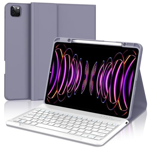 WAVATA Funda con Teclado para iPad Pro 12.9'', Español Ñ Tecla para iPad Pro 12.9 Pulgadas 6/5/4/3 Generación, Teclado Bluetooth Desmontable para Air 13'' M2 2024- Lavanda
