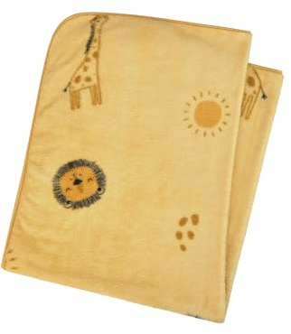 Sterntaler Babydecke Giraffe & Löwe – Kuscheldecke aus weichem Plüsch mit süßem All-Over Motiv – Eine Kurze und eine langflorige Seite für extra Komfort, Ocker