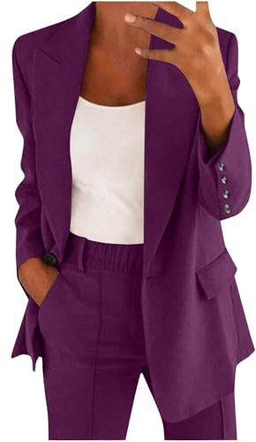 Women's Elegant Wedding Suit Casual Plain 2 Piece Outfits Ladies Button Dressy Blazer Jacket and Elasticated Waist Trousers Set Spring Summer Women Suit for Business Work Office Formal