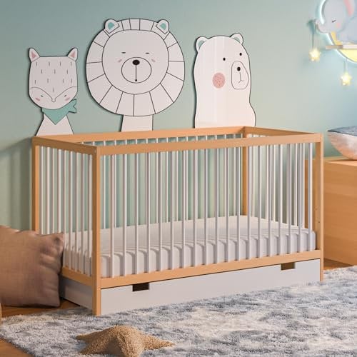 Kids Collective Babybett mit Schublade und Matratze Kinderbett Gitterbett 60x120 & 70x140 cm höhenverstellbar & herausnehmbare Sprossen | 70x140 cm Buchenholz Natur-weiß sehr stabil Made in Europe