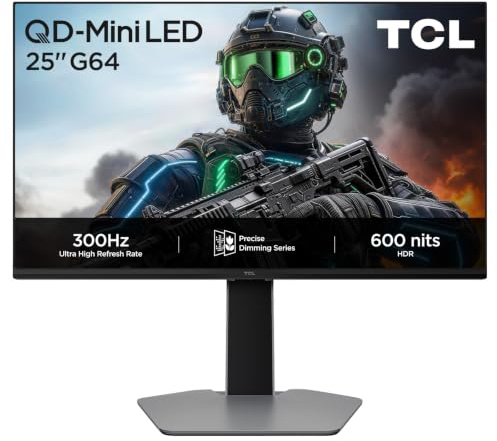 TCL 25G64 25” QD-Mini-LED Monitor, Full HD resolution, 300Hz, Fast-IPS panel, HDR 600 nits, 1ms GTG response time, AMD Freesync Premium, G-Sync compatible