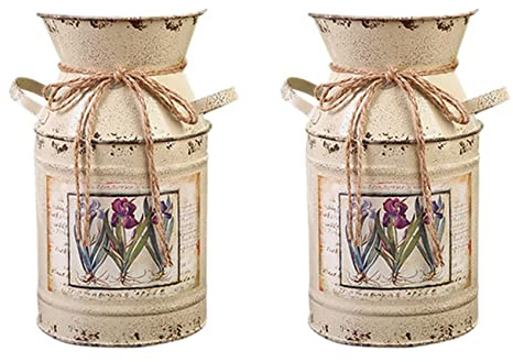 Wzxksoac 2X Shabby Table Gift Arrangement Craft Home Decoration Vintage Pots Iron Bucket Wedding Flower Vase Rural Style -Beige