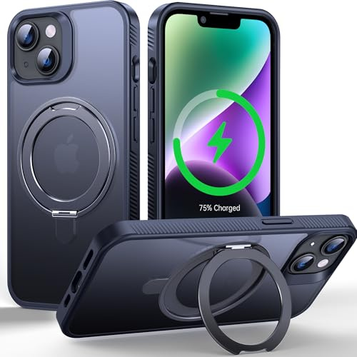 Supdeal Magnetic Stand Case for iPhone 13/iPhone 14, 6.1, Black | 360° Rotatable Ring Kickstand Holder，Compatible with MagSafe Matte Translucent Non Slip Silicone Military-Grade Phone Cover