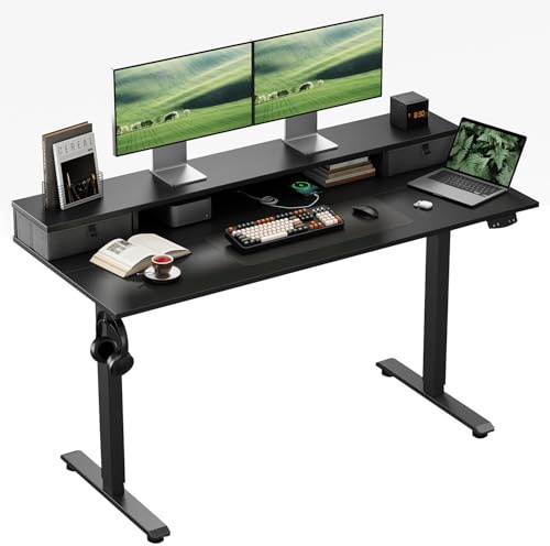 Klicelor Electric Height Adjustable Desk, with 2 Fabric Drawers, 100x60cm | 72-116cm Height, Stable Sit-Stand Standing Desk w. 2 Memory Buttons, Computer Desk for Home Office, 2 pcs Desktops, Black