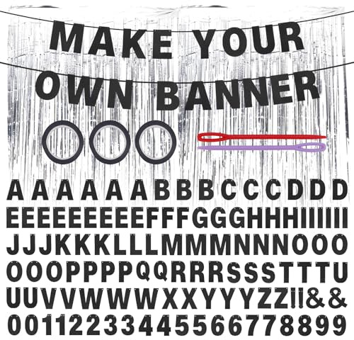 118stk Buchstaben Banner Set, A-Z Glitzerndes Schwarzes DIY Banner Set Inkl Buchstaben Zahlen & Regenvorhang Hintergrund für Geburtstags Abschluss Hochzeits und Party Dekoration