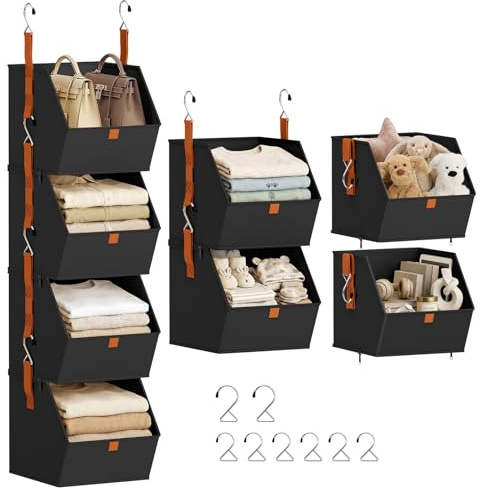 Homsorout 4 Tier Hanging Wardrobe Organiser - Foldable Hanging Shelves for Clothes, Fabric Storage Box Bedroom Organization with Zip, Space-Saving Baskets for Closet, Dorm, RV, Nursery, Black