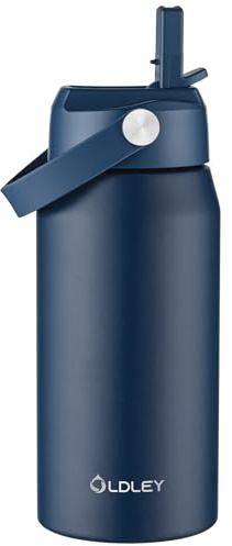 OLDLEY 550ml Insulated Water Bottle with Straw, Stainless Steel Water Bottles with Handle for School, Travel, Leakproof BPA Free Metal Vacuum Small Flask Keep Hot and Cold for Kids, Adult (Navy Blue)