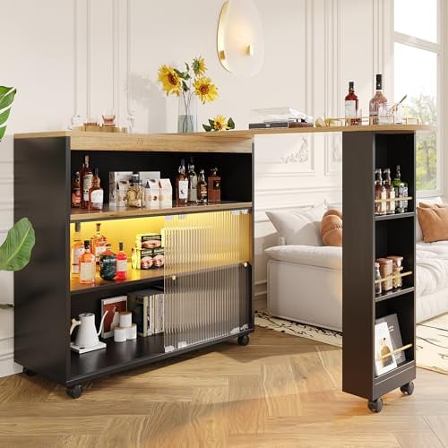FammyLoft Bartisch Klappbar mit Stauraum, Bartisch Küche mit LED, Moderner Beweglicher Bar Tisch, Bar Table, Hochtisch, Kücheninsel, Küchentheke, Stehtisch Bistrotisch, (138-204×39×105cm), Schwarz