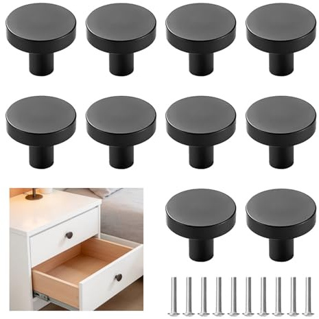 10Pcs Kitchen Cabinet Knobs Drawer Knobs 25mm Black Door Knobs with Screws Vintage Round Matt Door Knob for Kitchen Cabinet Drawer Wardrobe Furniture Dresser Kitchen Wardrobes Bathroom Home Decoration