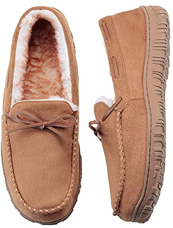 VLLy Mens Moccasin Slippers with Memory Foam Arch Support, Non Slip Rubber Sole House Shoes for Men Machine Washable Warm Fleece Lined Indoor Outdoor Home Shoes Brown Size 11 US