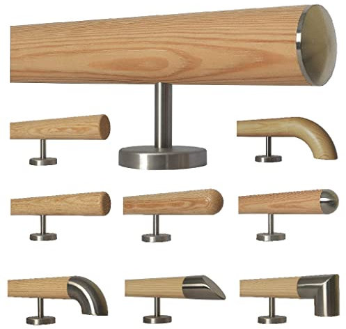 TIBU Kiefer Holz Handlauf Geländer 0,3m - 5m, Länge 350 cm, Ende leicht gewölbte Edelstahlkappe und 5 gerade Halter