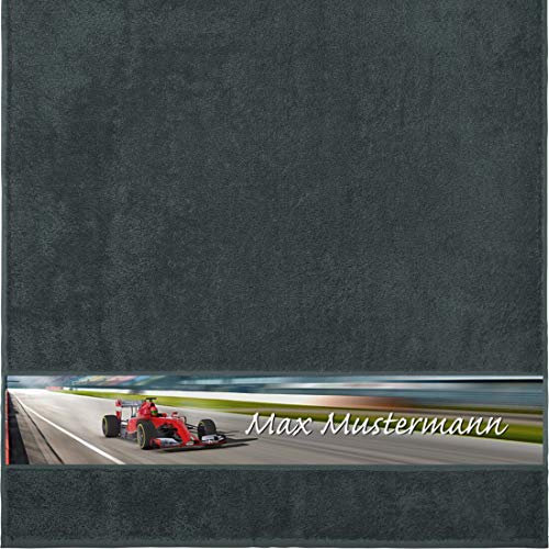 Personalisiertes Duschtuch Mit Namen - Sport-Motiv Rennauto - Viele Farben - Dusch-Handtuch - Anthrazit - Größe 70x140 cm - Persönliches Geschenk Mit Wunsch-Name