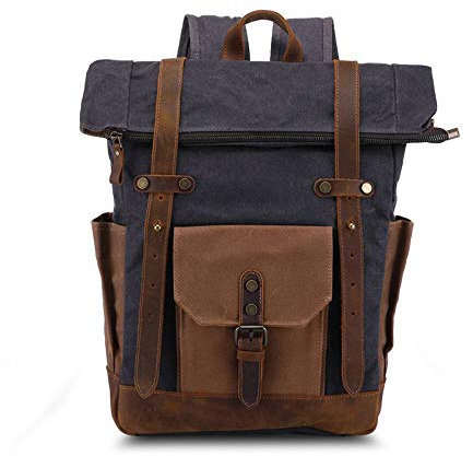 Retro Rucksack, Canvas Reiserucksack Europäische wasserdichte Segeltuchtasche Herren- und Damenrucksäcke Crazy Horse Leder Herrentasche,Gray