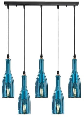 LEDSone Retro 5 Lights Wine Bottle Pendant Chandelier, Industrial Hanging Fixture with Blue Glass Shades, E27 Ceiling Light for Restaurant, Café, Dining Room