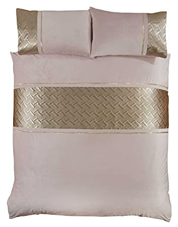 Rapport Home Luxury Blush Pink Velvet Duvet Cover Set – Double Size Bedding with Gold Panel, Diamante Embellishment & Geometric Design, Soft & Elegant Bedroom Décor