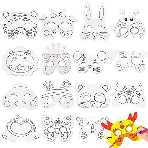 MEZHEN Tiermasken Kinder Masken Blanko Bemalen Partymasken Kindermasken Halloween Weihnachten Geburtstag Party Deko Mitgebsel Kindergeburtstag Masken zum Ausmalen Geburtstagsparty Deko 16 Stück