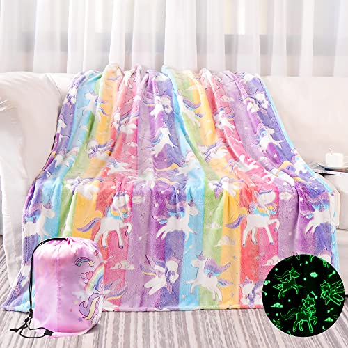LIFEYJ Glow in The Dark Blanket Unicorns Gifts for Girls, Soft Blanket 3 4 5 6 7 8 9 10 Year Old Girl Gifts, Toddler Girls Toys Age 6-8, Easter Gifts for Kids Birthday Gifts Presents, 50x60