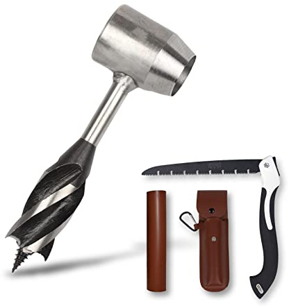 Bushcraft Gear Hand Auger Drill,Survival Tools with Folding Saw Making Wooden Rocket Stoves, 1”Dia Drill Peg and Manual Hole Maker Settlers Wrench for Camping Shelter Building