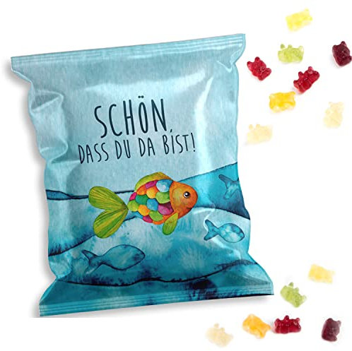 Gummibärchen Mini-Tütchen, 50 Stück: Kleine Gastgeschenke türkis bunt für Hochzeit, Konfirmation, Kommunion, Süßigkeiten, Fruchtgummi Kinder, Hergestellt in der EU, 7 x 9 cm