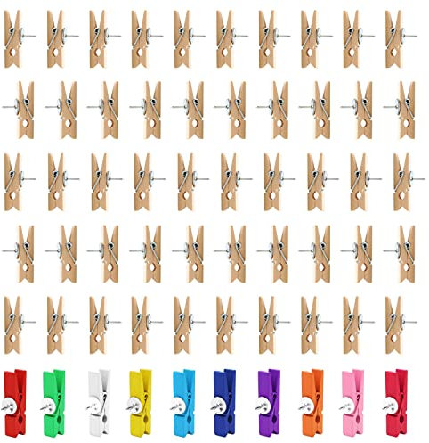 60 Pushpins with Wood Clips, 50pcs Wood Color Clips, 10pcs Pushpins for Display Wall, Suitable for Office, School, Home Display