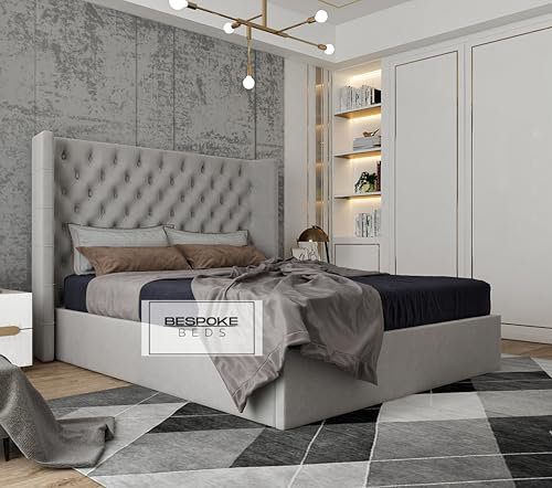 BESPOKE BEDS Upholstered Bed Frame, Winged Bed Frame, Ottoman Storage Bed Frame, Plush Velvet Bed Frame (Cream Plush Velvet, 5FT KING)